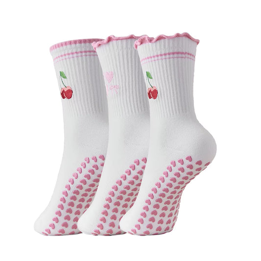3 Pairs, Cute 3 Pairs Pilates Socks with Grips Ruffle Yoga Sock Grip Socks for Women