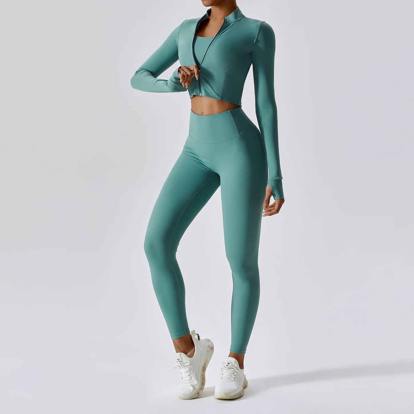 3PCS Yoga Set Women Workout Sets Sportswear Gym Clothing Fitness Zipper Long Sleeve High Waist Leggings Sports Suits Yoga Suit