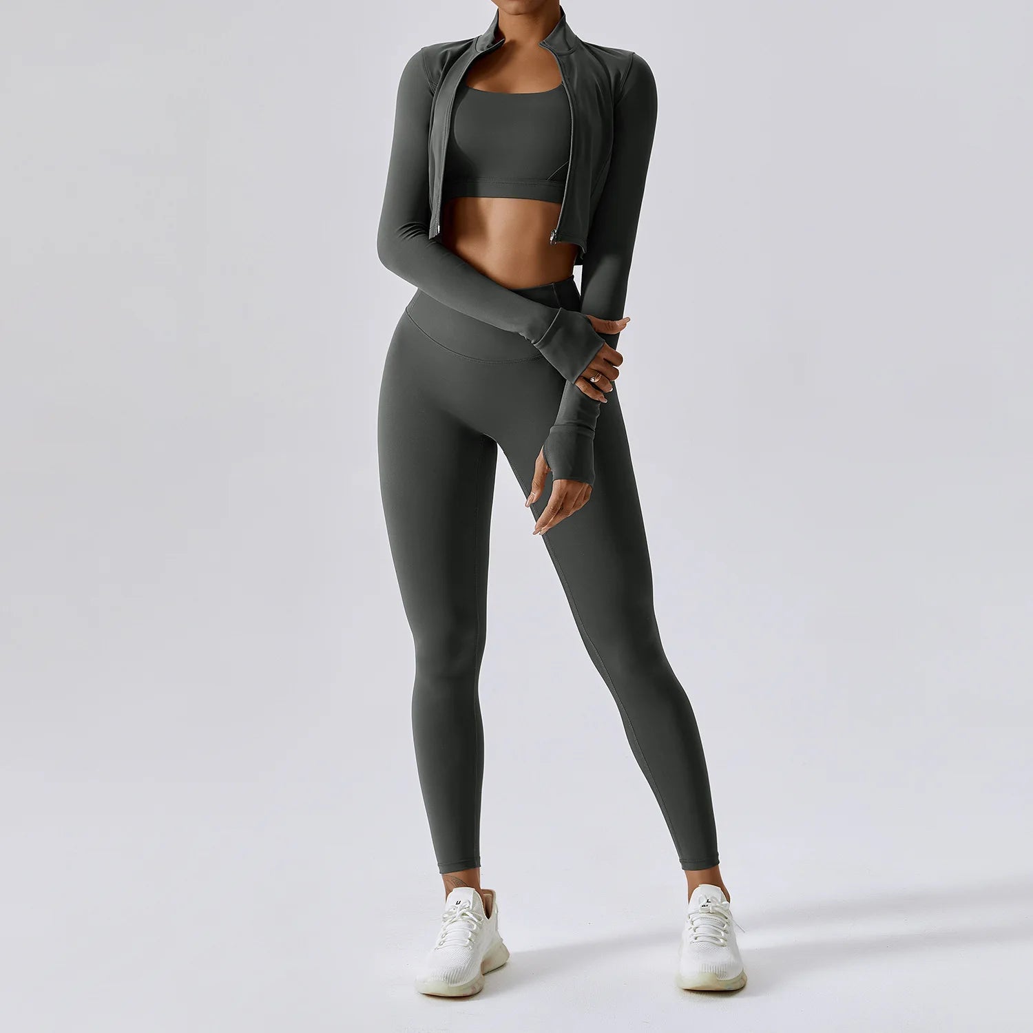 3PCS Yoga Set Women Workout Sets Sportswear Gym Clothing Fitness Zipper Long Sleeve High Waist Leggings Sports Suits Yoga Suit