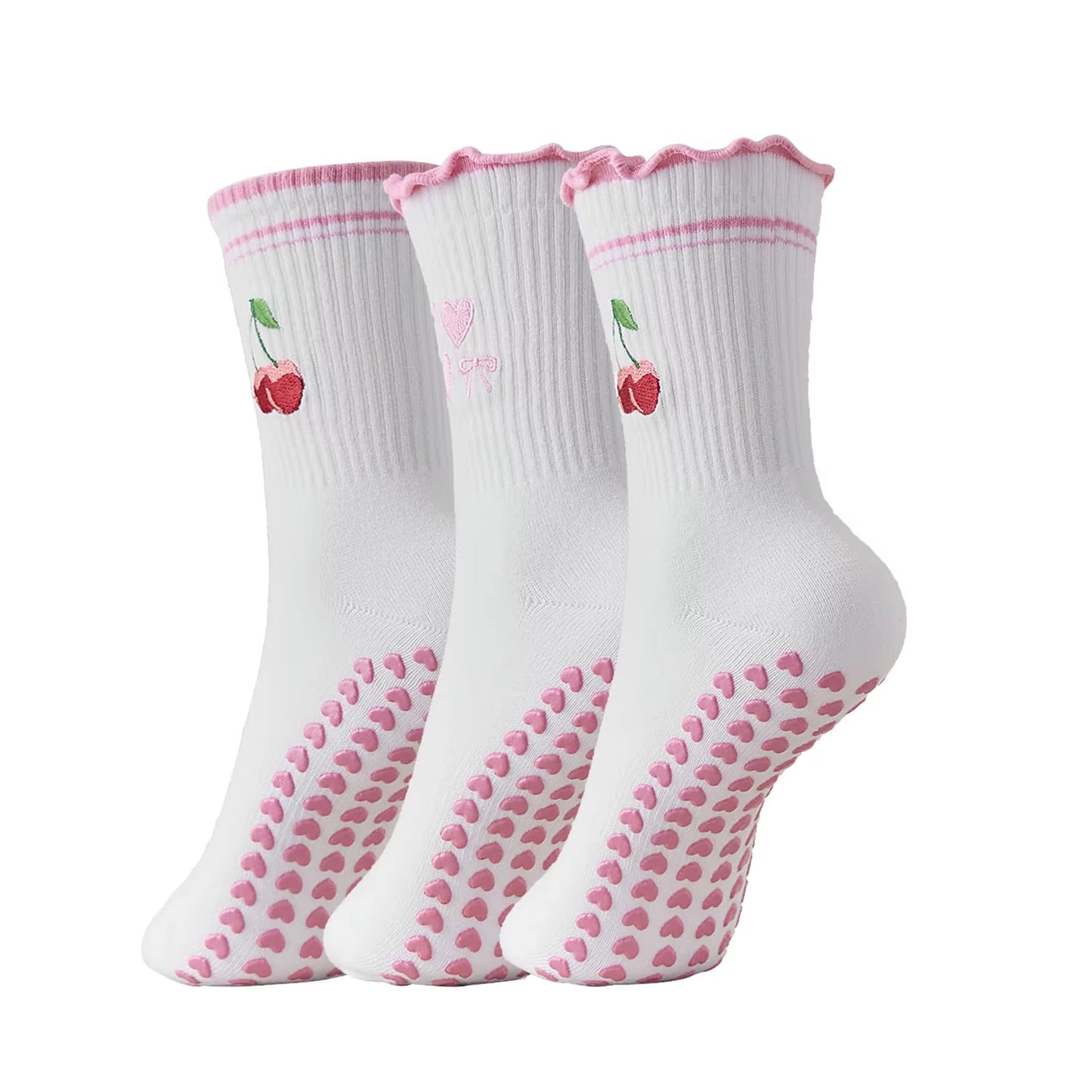3 Pairs, Cute 3 Pairs Pilates Socks with Grips Ruffle Yoga Sock Grip Socks for Women