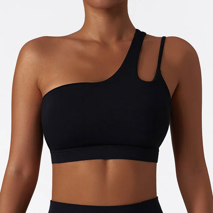 Oblique Shoulder Yoga Bra Women'S Beautiful Back Gym Sports Underwear Hollow Out Back Running Fitness Vest Push up Workout Top