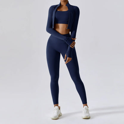 3PCS Yoga Set Women Workout Sets Sportswear Gym Clothing Fitness Zipper Long Sleeve High Waist Leggings Sports Suits Yoga Suit