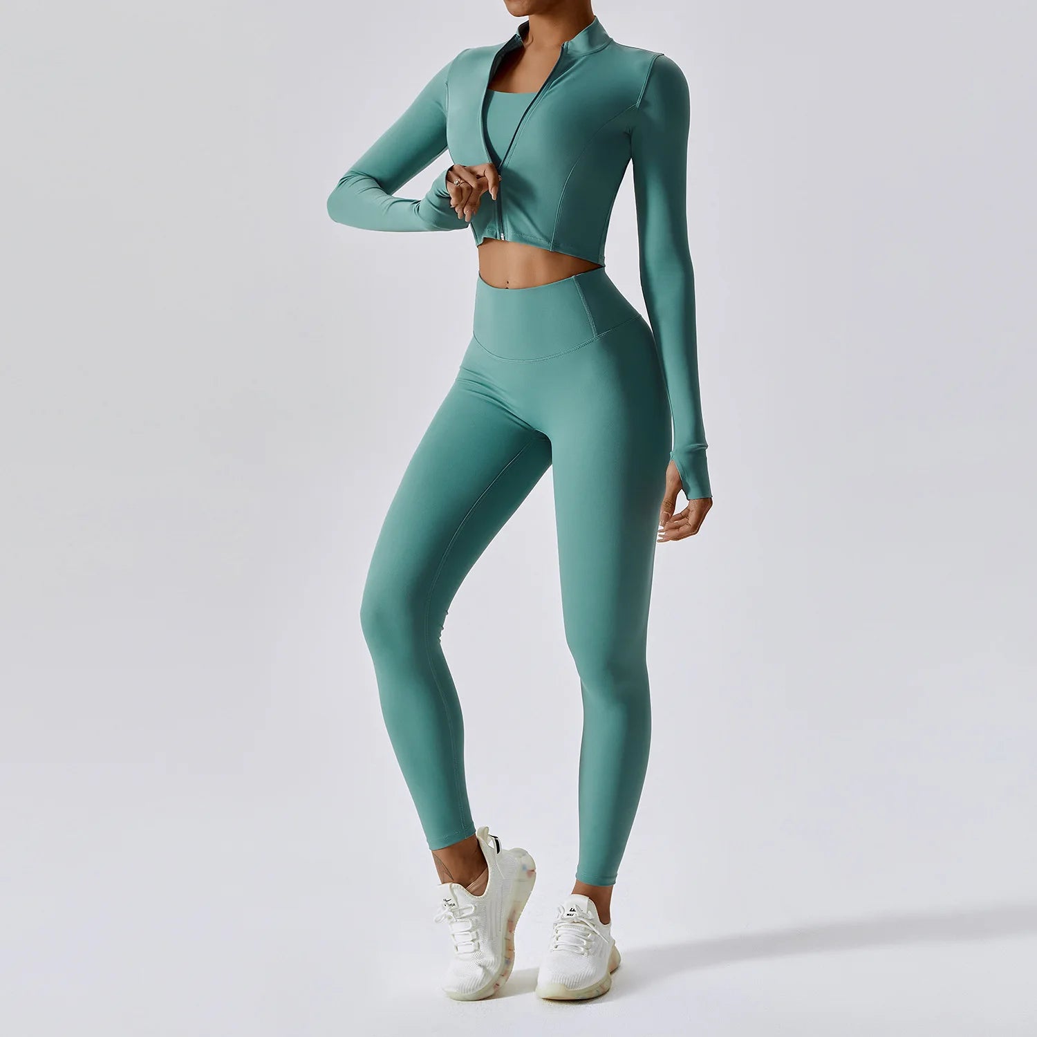 3PCS Yoga Set Women Workout Sets Sportswear Gym Clothing Fitness Zipper Long Sleeve High Waist Leggings Sports Suits Yoga Suit