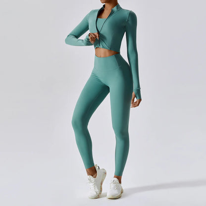3PCS Yoga Set Women Workout Sets Sportswear Gym Clothing Fitness Zipper Long Sleeve High Waist Leggings Sports Suits Yoga Suit