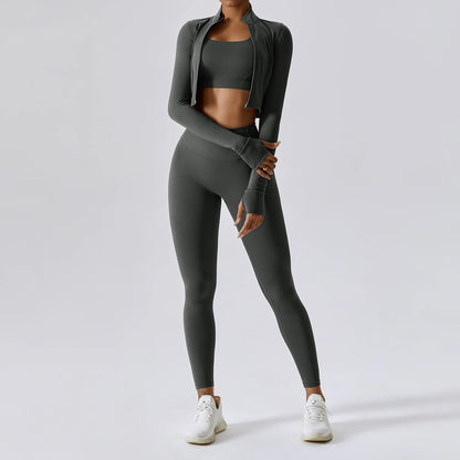 3PCS Yoga Set Women Workout Sets Sportswear Gym Clothing Fitness Zipper Long Sleeve High Waist Leggings Sports Suits Yoga Suit