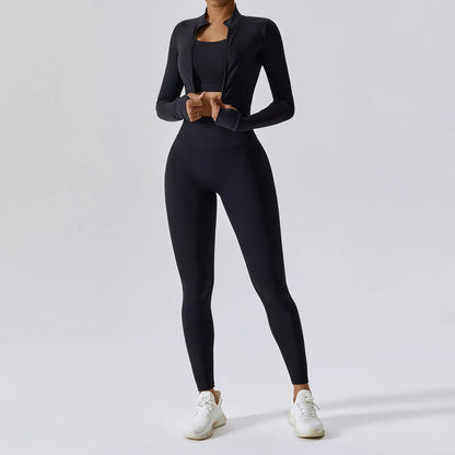 3PCS Yoga Set Women Workout Sets Sportswear Gym Clothing Fitness Zipper Long Sleeve High Waist Leggings Sports Suits Yoga Suit