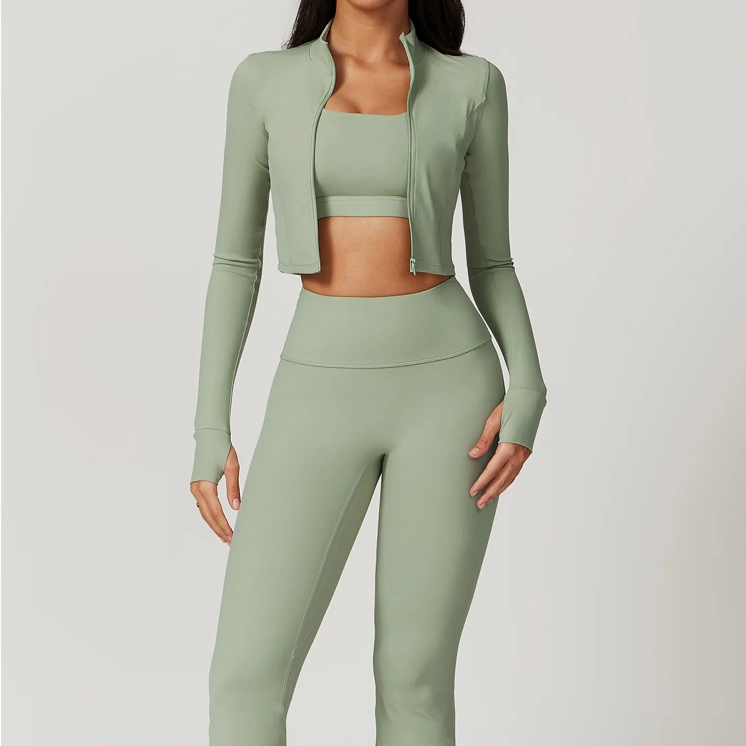 3PCS Yoga Set Women Workout Sets Sportswear Gym Clothing Fitness Zipper Long Sleeve High Waist Leggings Sports Suits Yoga Suit
